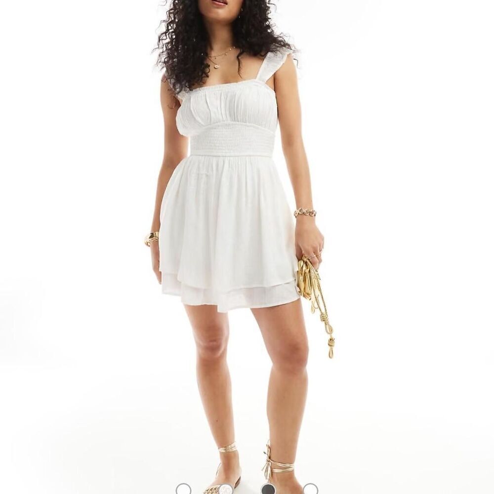 Hollister White Tiered Skort Dress XS Ruched Waist Mini Sundress Shorts NWT